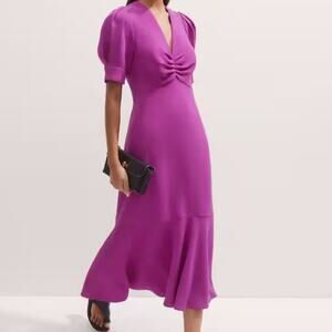 ME+EM Fuchsia Midi Dress with V-Neck and Puff Sleeves